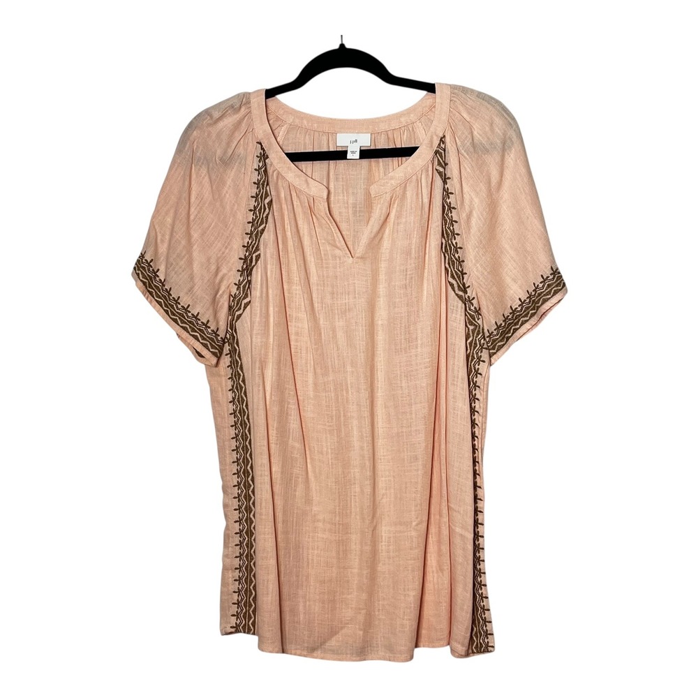 J. Jill Peach Linen Blend Embroidered Split Neck Short Sleeve Blouse Large